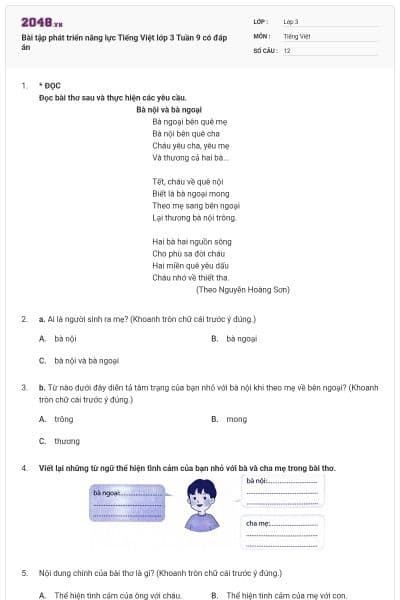 Bài tập phát triển năng lực Tiếng Việt lớp 3 Tuần 9 có đáp án