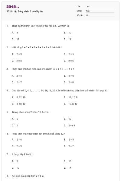 33 bài tập Bảng nhân 2 có đáp án