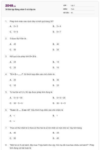 30 Bài tập Bảng nhân 5 có đáp án