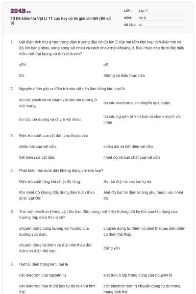 13 Đề kiểm tra Vật Lí 11 cực hay có lời giải chi tiết (Đề số 9)