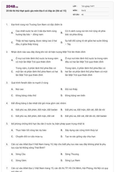 20 Đề thi thử thpt quốc gia môn Địa lí có đáp án (Đề số 15)