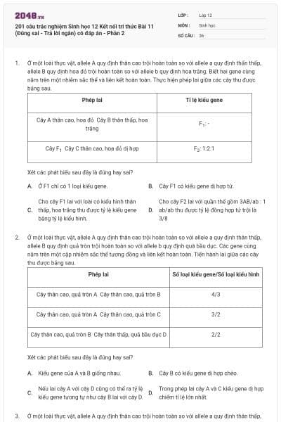201 câu trắc nghiệm Sinh học 12 Kết nối tri thức Bài 11 (Đúng sai - Trả lời ngắn) có đáp án - Phần 2
