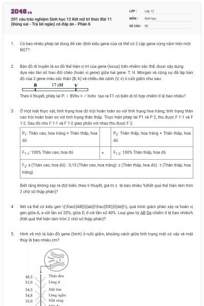 201 câu trắc nghiệm Sinh học 12 Kết nối tri thức Bài 11 (Đúng sai - Trả lời ngắn) có đáp án - Phần 6