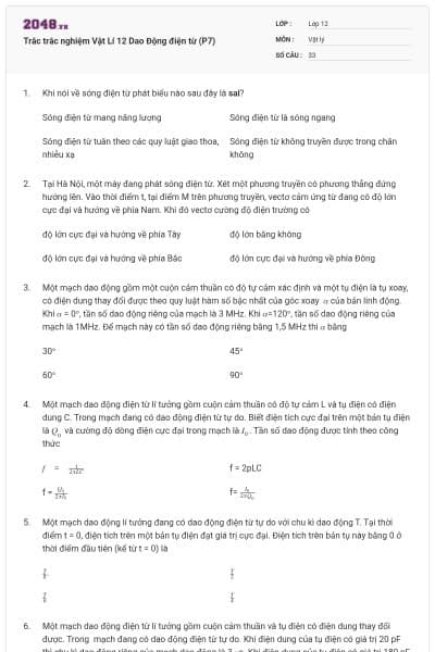 Trắc trắc nghiệm Vật Lí 12 Dao Động điện từ (P7)