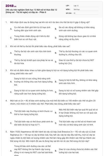 246 câu trắc nghiệm Sinh học 12 Kết nối tri thức Bài 12 (Đúng sai - Trả lời ngắn) có đáp án - Phần 6