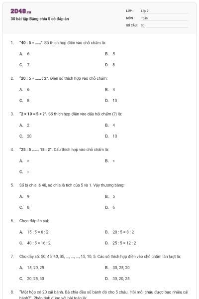 30 bài tập Bảng chia 5 có đáp án