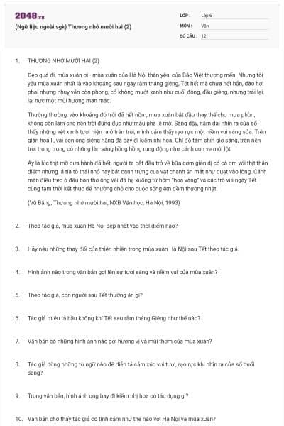 (Ngữ liệu ngoài sgk) Thương nhớ mười hai (2)