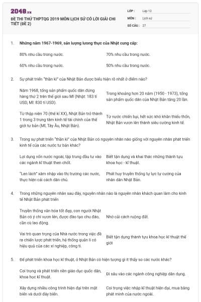 ĐỀ THI THỬ THPTQG 2019 MÔN LỊCH SỬ CÓ LỜI GIẢI CHI TIẾT (ĐỀ 2)