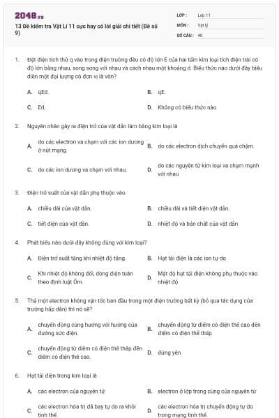 13 Đề kiểm tra Vật Lí 11 cực hay có lời giải chi tiết (Đề số 9)