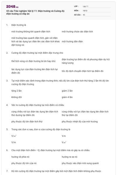 43 câu  Trắc nghiệm Vật lý 11: Điện trường và Cường độ điện trường có đáp án