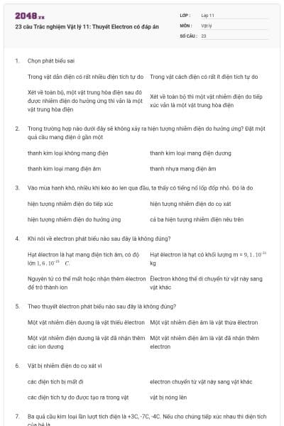 23 câu Trắc nghiệm Vật lý 11: Thuyết Electron có đáp án