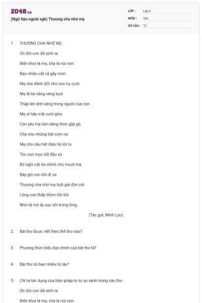 (Ngữ liệu ngoài sgk) Thương cha nhớ mẹ