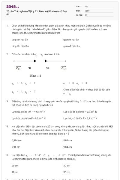 20 câu  Trắc nghiệm Vật lý 11: Định luật Coulomb có đáp án