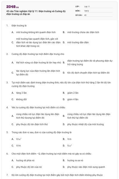 43 câu  Trắc nghiệm Vật lý 11: Điện trường và Cường độ điện trường có đáp án