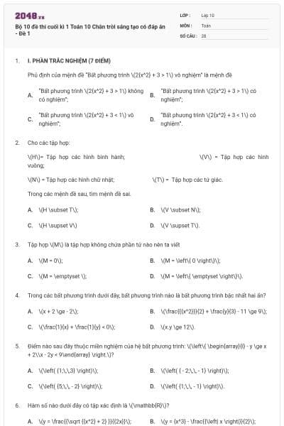 Bộ 10 đề thi cuối kì 1 Toán 10 Chân trời sáng tạo có đáp án - Đề 1