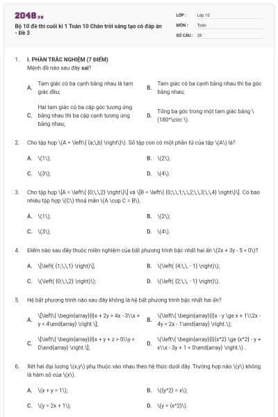 Bộ 10 đề thi cuối kì 1 Toán 10 Chân trời sáng tạo có đáp án - Đề 3
