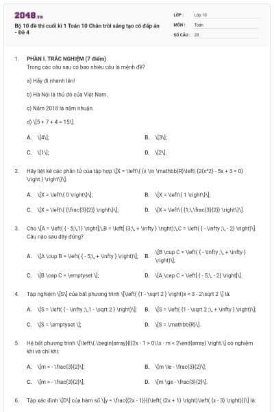 Bộ 10 đề thi cuối kì 1 Toán 10 Chân trời sáng tạo có đáp án - Đề 4