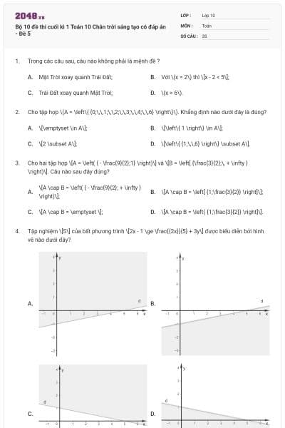 Bộ 10 đề thi cuối kì 1 Toán 10 Chân trời sáng tạo có đáp án - Đề 5