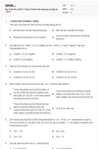 Bộ 10 đề thi cuối kì 1 Toán 10 Chân trời sáng tạo có đáp án - Đề 6