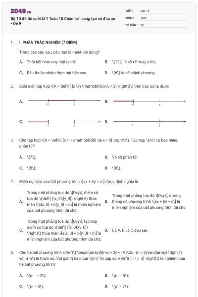 Bộ 10 đề thi cuối kì 1 Toán 10 Chân trời sáng tạo có đáp án - Đề 9