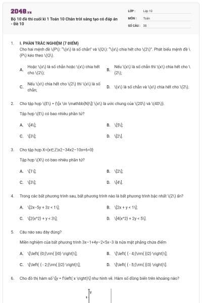 Bộ 10 đề thi cuối kì 1 Toán 10 Chân trời sáng tạo có đáp án - Đề 10