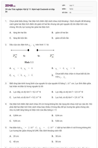 20 câu  Trắc nghiệm Vật lý 11: Định luật Coulomb có đáp án