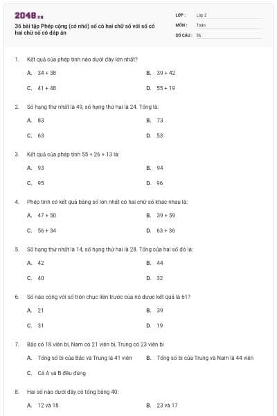 36 bài tập Phép cộng (có nhớ) số có hai chữ số với số có hai chữ số có đáp án