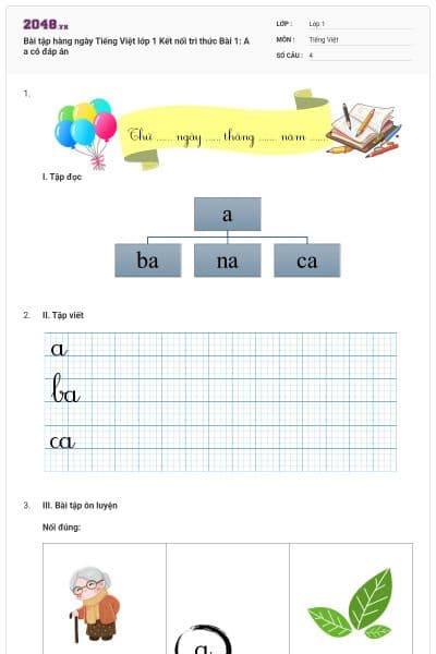 Bài tập hàng ngày Tiếng Việt lớp 1 Kết nối tri thức Bài 1: A a có đáp án
