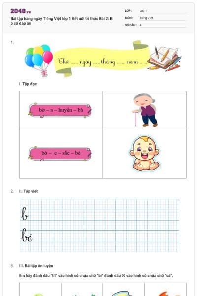 Bài tập hàng ngày Tiếng Việt lớp 1 Kết nối tri thức Bài 2: B b có đáp án