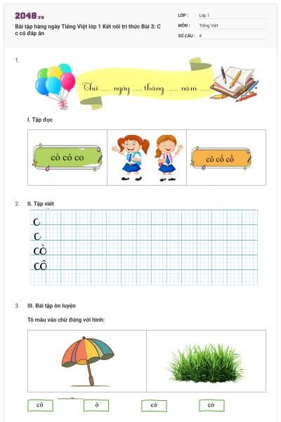 Bài tập hàng ngày Tiếng Việt lớp 1 Kết nối tri thức Bài 3: C c có đáp án