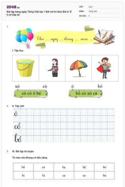 Bài tập hàng ngày Tiếng Việt lớp 1 Kết nối tri thức Bài 6: Ô ô có đáp án