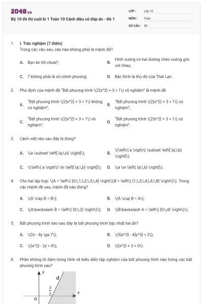 Bộ 10 đề thi cuối kì 1 Toán 10 Cánh diều có đáp án - Đề 1