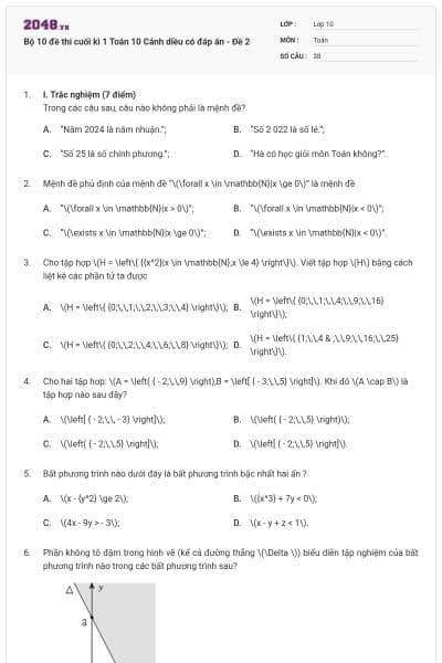 Bộ 10 đề thi cuối kì 1 Toán 10 Cánh diều có đáp án - Đề 2