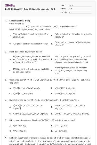 Bộ 10 đề thi cuối kì 1 Toán 10 Cánh diều có đáp án - Đề 4