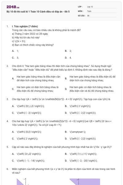 Bộ 10 đề thi cuối kì 1 Toán 10 Cánh diều có đáp án - Đề 5