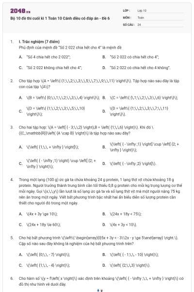 Bộ 10 đề thi cuối kì 1 Toán 10 Cánh diều có đáp án - Đề 6