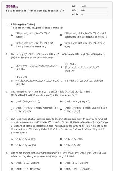 Bộ 10 đề thi cuối kì 1 Toán 10 Cánh diều có đáp án - Đề 8