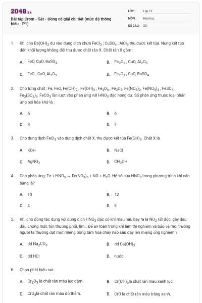 Bài tập Crom - Sắt - Đồng có giải chi tiết (mức độ thông hiểu - P1)