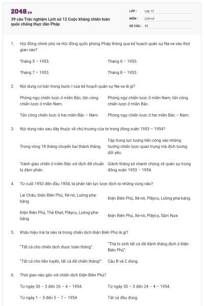 39 câu Trắc nghiệm Lịch sử 12 Cuộc kháng chiến toàn quốc chống thực dân Pháp