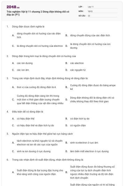 Trắc nghiệm Vật lý 11 chương 2 Dòng điện không đổi có đáp án (P1)