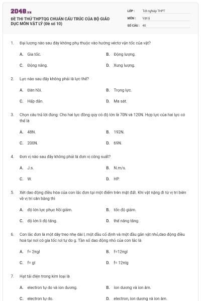 ĐỀ THI THỬ THPTQG CHUẨN CẤU TRÚC CỦA BỘ GIÁO DỤC MÔN VẬT LÝ (Đề số 10)