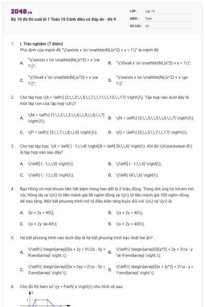 Bộ 10 đề thi cuối kì 1 Toán 10 Cánh diều có đáp án - Đề 9