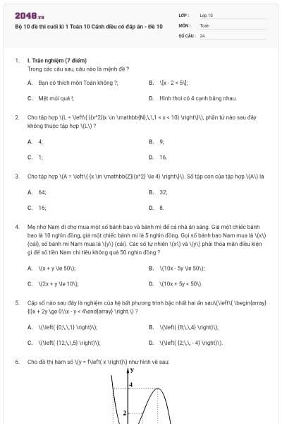 Bộ 10 đề thi cuối kì 1 Toán 10 Cánh diều có đáp án - Đề 10