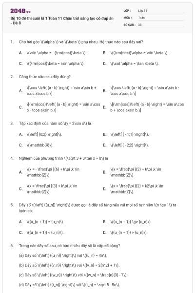 Bộ 10 đề thi cuối kì 1 Toán 11 Chân trời sáng tạo có đáp án - Đề 8