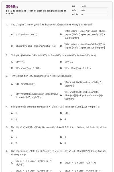 Bộ 10 đề thi cuối kì 1 Toán 11 Chân trời sáng tạo có đáp án - Đề 10