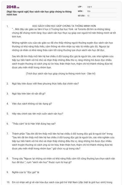 (Ngữ liệu ngoài sgk) Đọc sách văn học giúp chúng ta thông minh hơn