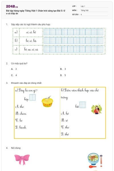 Bài tập hàng ngày Tiếng Việt 1 Chân trời sáng tạo Bài 5: Ơ ơ  có đáp án