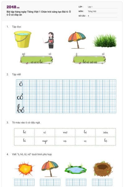 Bài tập hàng ngày Tiếng Việt 1 Chân trời sáng tạo Bài 6: Ô ô Ỏ  có đáp án