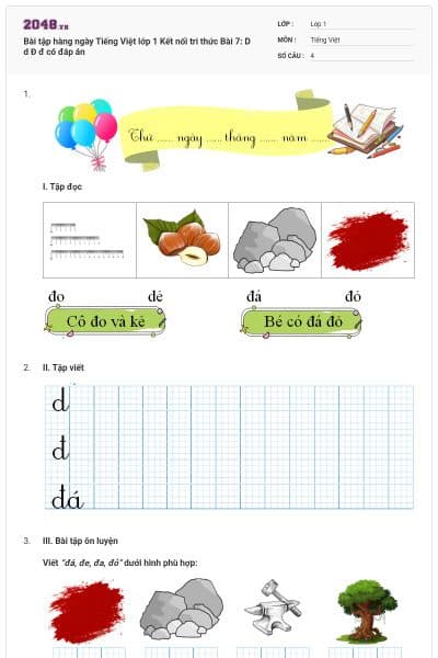 Bài tập hàng ngày Tiếng Việt lớp 1 Kết nối tri thức Bài 7: D d Đ đ có đáp án