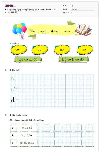 Bài tập hàng ngày Tiếng Việt lớp 1 Kết nối tri thức Bài 8: Ơ ơ ˜ có đáp án